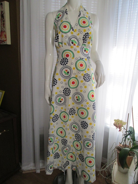 1970s' Ladies GEOMETRIC Print HALTER Top/Big Sash… - image 2