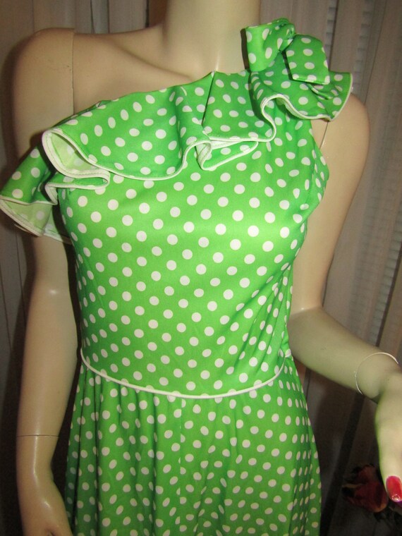 1960's Mint Green/White Polka Dot Ruffled One Shoulder Dress by Ruth Norman/Gay Gibson---No Size Tag 1960's Mint Green/White Polka Dot Ruffled One Shoulder Dress by Ruth Norman/Gay Gibson---No Size Tag
