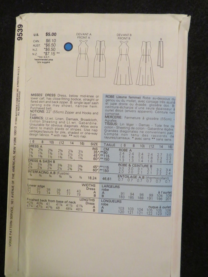 1986 Vogue Misses/' SLEEVELESS DRESSES Pattern ----Size 12-14-16