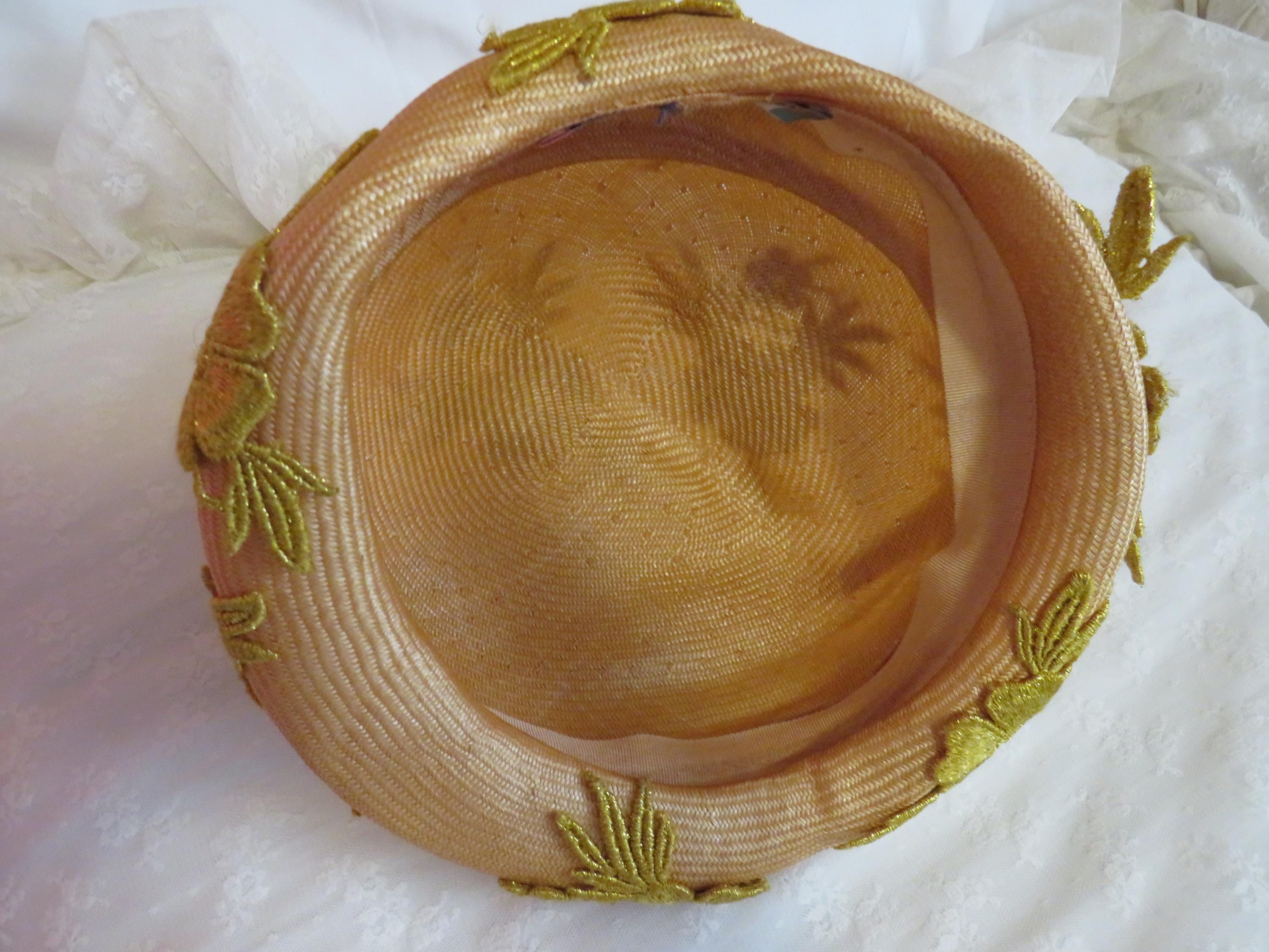 Haute Couture Mr Johns Classic gold straw hat Vintage Yellow & White Straw Hat with Flowers, 1960s Mr  main image 4