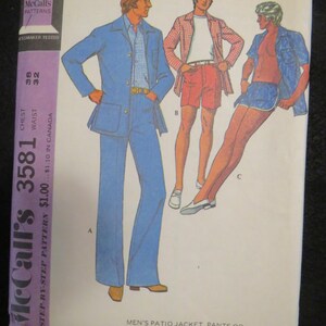 May include: Vintage McCall's pattern 3581 featuring illustrations of men's patio jackets, pants, walking shorts, and swim trunks. The pattern includes measurements for a 38-inch chest and a 32-inch waist. The cover has a purple and white color scheme.