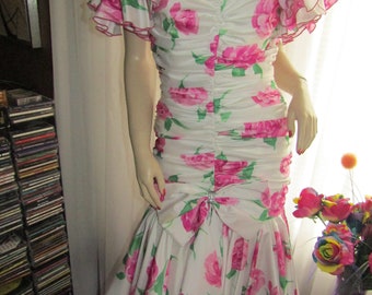 Vintage FLORAL (Pink Roses) Print Layered Ruffled Cocktail DRESS By Legends---Size 6