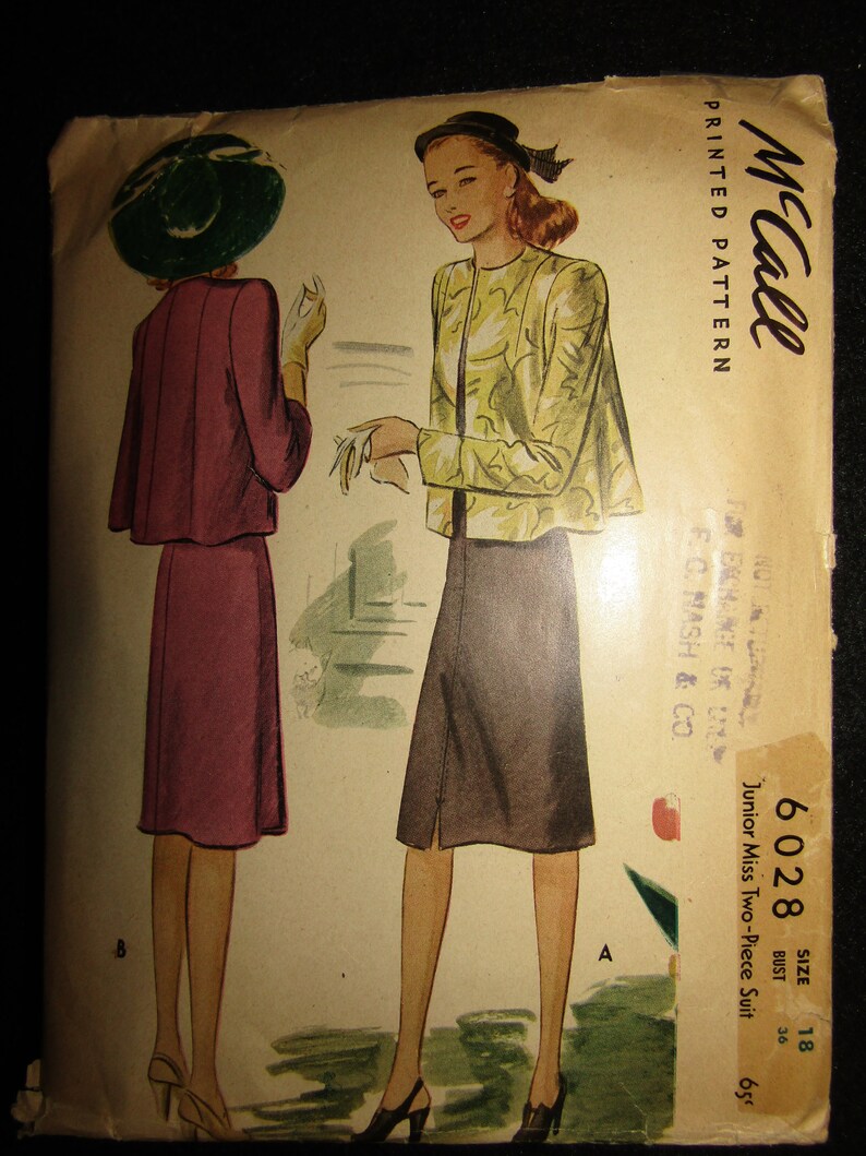 1945 McCall Pattern Junior Miss TWO-PIECE Suit----Size 18
