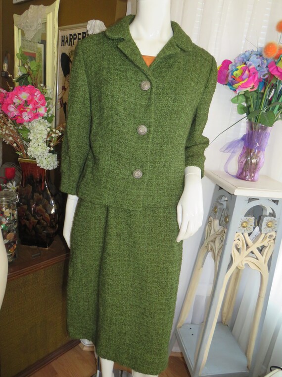 1950s' Dark Olive Green DRESS/JACKET Wool SUIT By Pec… Gem