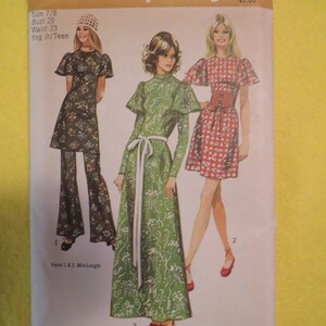 1971 Simplicity Two Length DRESS, & BELL Bottom PANTS---Size 7/8 Yg Jr Teen