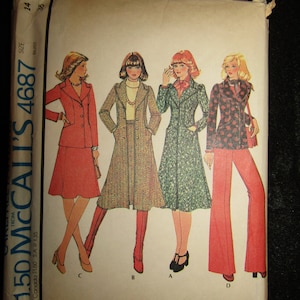 May include: A vintage sewing pattern for a coat or jacket, skirt, and trousers. The pattern is for misses' and junior sizes and includes four different styles. The pattern is from McCall's and is number 4687.