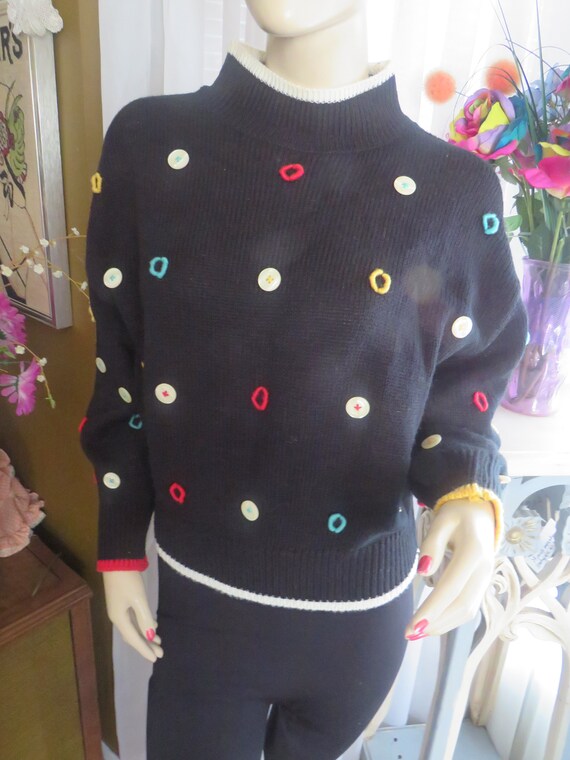 1980s' BLACK PULLOVER Button/Knit Décor SWEATER By
