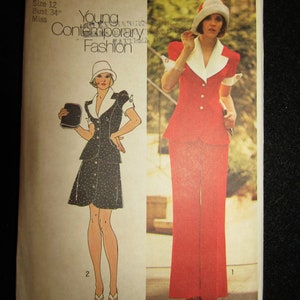 May include: A vintage sewing pattern for a women's pantsuit. The pattern is for size 12, bust 34 inches. The pattern features a red pantsuit with a white collar and cuffs. The model is wearing a black and white polka dot skirt and a white hat.