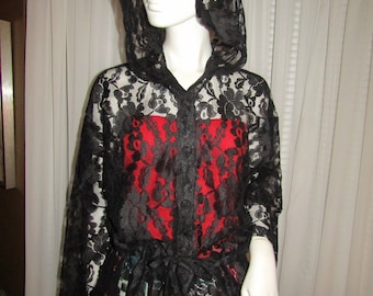 Vintage Ladies BLACK Lace HOODED Drawstring Waist JACKET----No Label/Size