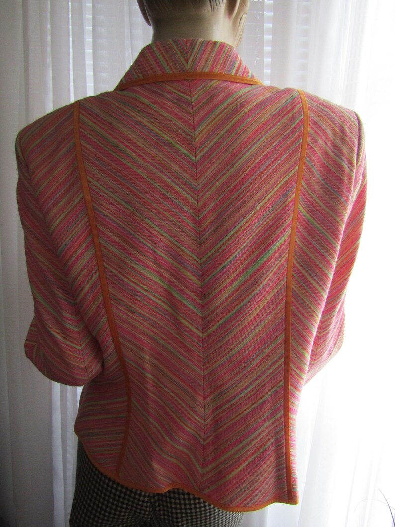 1990/'s Ladies Long Sleeve Orange Pink Green White Polyester STRIPED JACKET By Escada