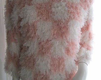 Vintage Ladies PINK/ White Fluffy CROCHET Pullover SWEATER by Sideffects--No Size