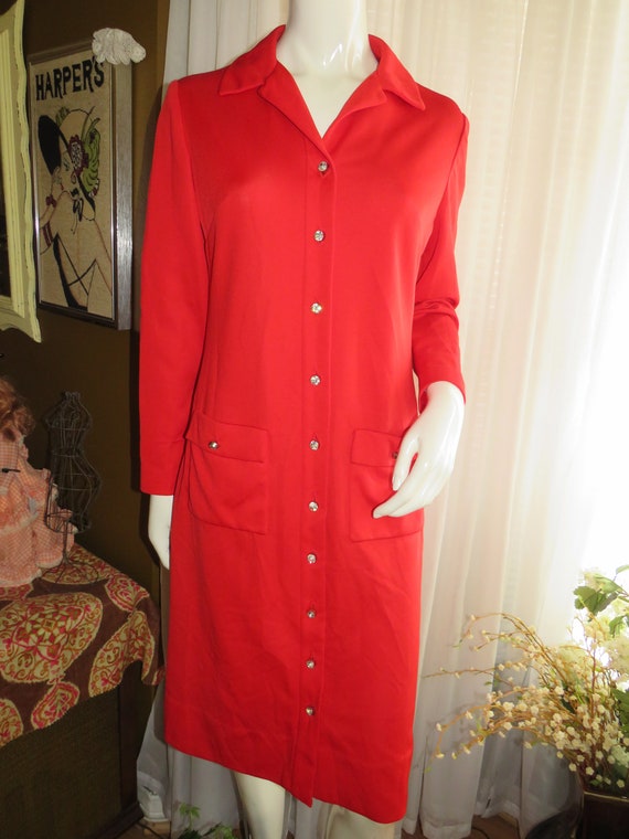 1960's Ladies Red Long Sleeve Dress with Rhinestone Buttons by Leslie Faye