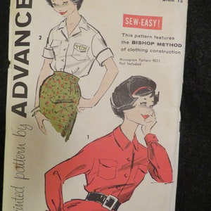 May include: A vintage sewing pattern for a shirt with a button-down collar and a patch pocket. The pattern is called "Advance" and the number is 9183. The pattern is for size 15 and is labelled "Sew-Easy!" The pattern features the "Bishop Method" of clothing construction.
