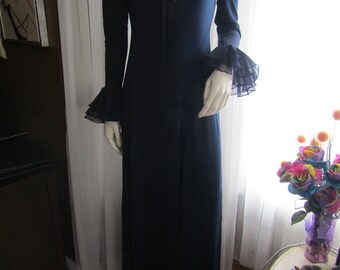 1970's DARK BLUE Long DRESS With Ruffled Collar/Sleeve Ends by Miss Elliette---No Size