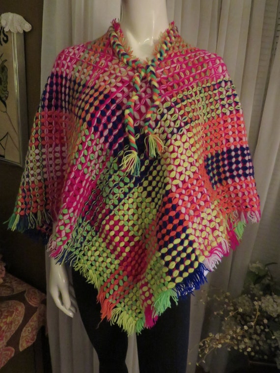 1960's/1970's Neon Bright COLORFUL Crocheted CAPE… - image 1