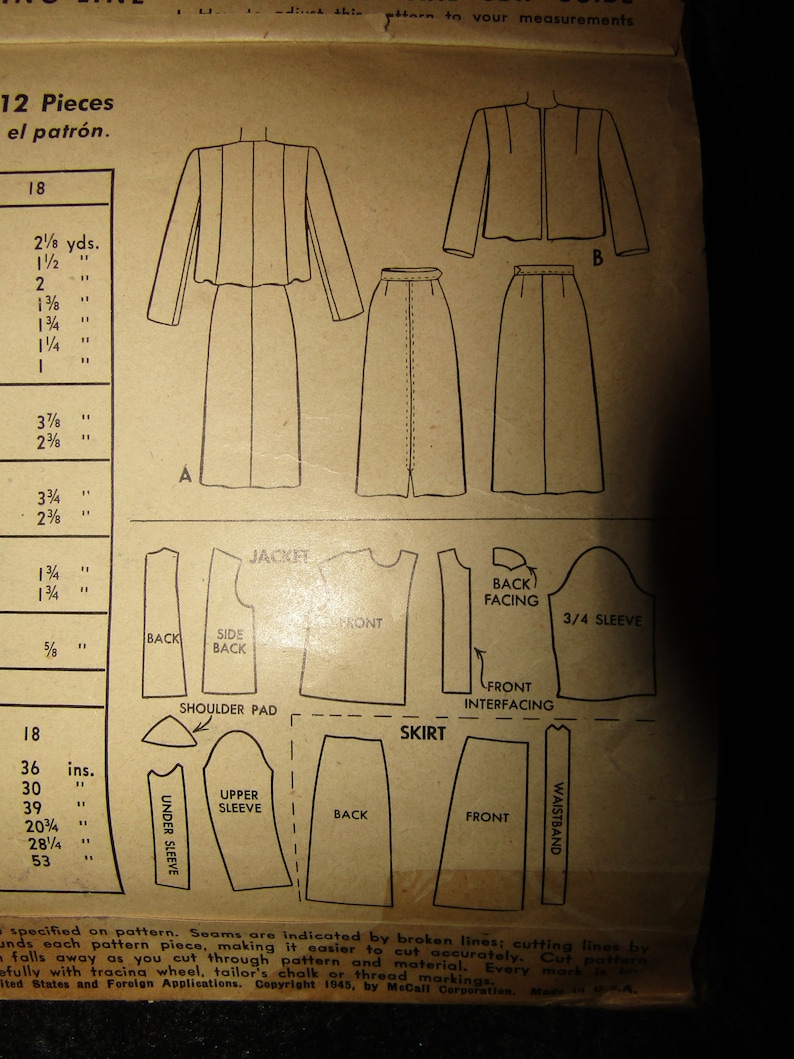 1945 McCall Pattern Junior Miss TWO-PIECE Suit----Size 18