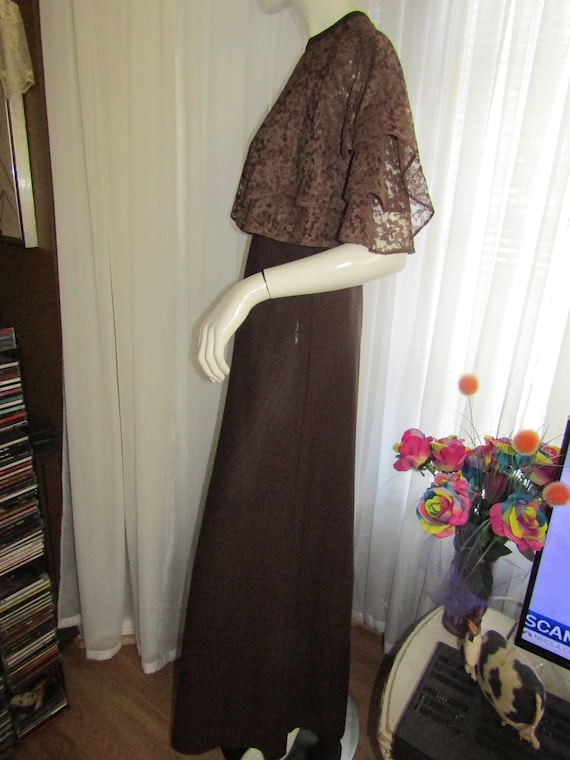 1970s' DARK BROWN Lace Sleeves/Collar, Floor Leng… - image 7