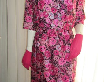 1960s' PINK Floral Silk Short Sleeve Belted DRESS/Waist JACKET by "A Mendel Creation"---Size 12