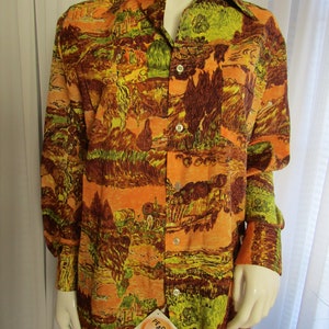 1970&#39;S Male Colorful WESTERN STYLE Print (Covered Wagons) SHIRT by Peach Skin--Size M