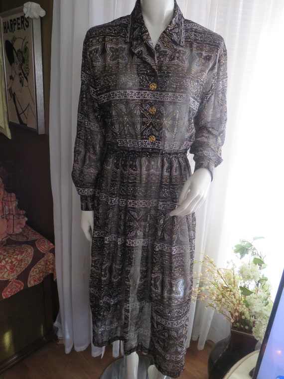 1970's Shiny Long Sleeve FLORAL DRESS By Californi