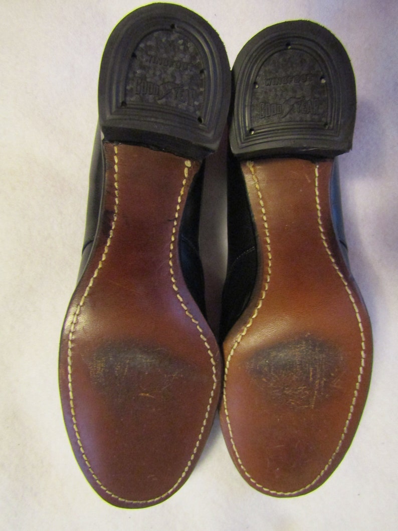1940/'s Ladies BLACK Leather Chunk Heel Tie Up OXFORD-SHOES by Drew With Good Year Heel