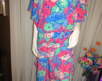1980s' Colorful FLORAL POLYESTER DRESS By Andrea Gayle----Size 10