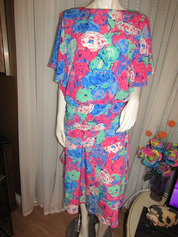 1980s' Colorful FLORAL POLYESTER DRESS By Andrea … - image 1