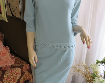 ENSEMBLE DE JUPE 2 PIECES POUR FEMME DES ANNEES 50/60 BLEU POUDRE PAR CAMELON KnitS-Taille Sm/Petite