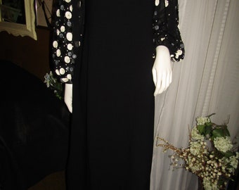 Vintage  BLACK COCKTAIL DRESS Puffy/Balloon Sequined Sleeves By Richilene/New York--Size 14