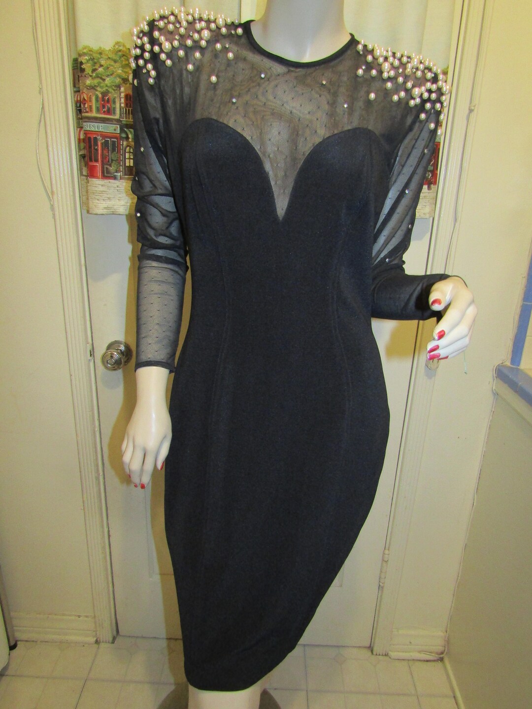 sachin and babi light blue dress Vintage BLACK Hour Glass DRESS With Pearl Shoulders by Tadashi---size L