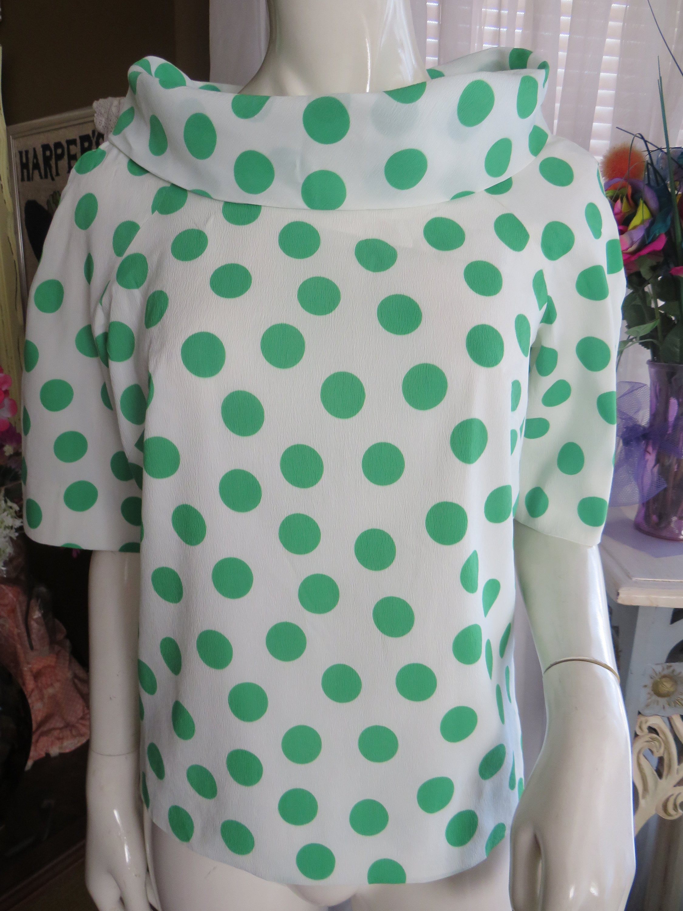 トップス 60s custom needle polka dot shirt Polka Dot Shirt White Black T-shirt Retro Dot Print Top