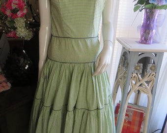 1950s'  Lt. Green/White CHECK Print Circle Skirt DRESS---No Label/Size
