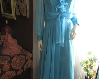 1960's TEAL BLUELong Sleeve Ankle Length DRESS----No Label/Size 14