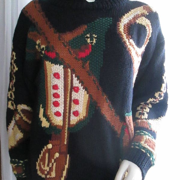 1980s'/90s' "The Eagle's Eye" Black Hand Knit Crazy SWEATER With PURSE---Size Large