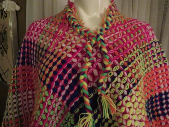 1960's/1970's Neon Bright COLORFUL Crocheted CAPE… - image 2