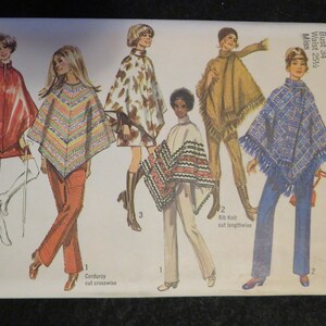 May include: A sewing pattern for a poncho with four different styles. The pattern is for size 12, bust 34 inches, waist 25 1/2 inches. The pattern includes instructions for cutting the fabric for each style. The pattern is from Simplicity and is number 5082.