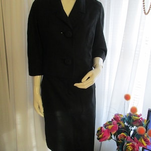 1950s&#39; Ladies BLACK WOOL SUIT (Waist Jacket/A-Line Skirt) by Friedmont---No Size