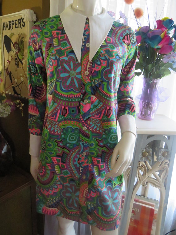1960s' COLORFUL Long Sleeve SHIFT DRESS----No Labe