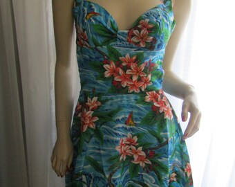 Vintage Blue TROPICAL Print Mini HALTER/SUNDRESS by Daffy of Calif---No Size Tag