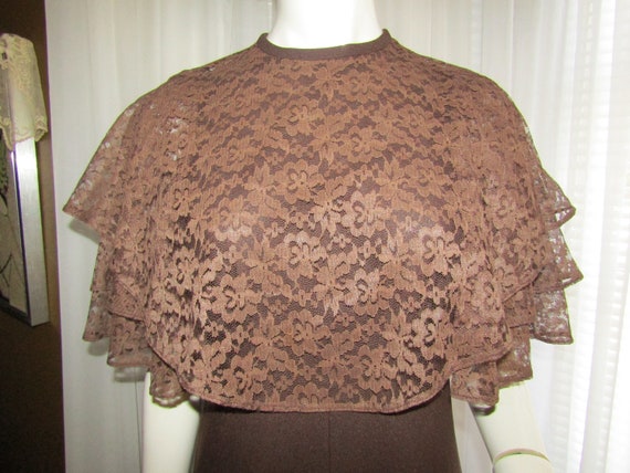 1970s' DARK BROWN Lace Sleeves/Collar, Floor Leng… - image 2