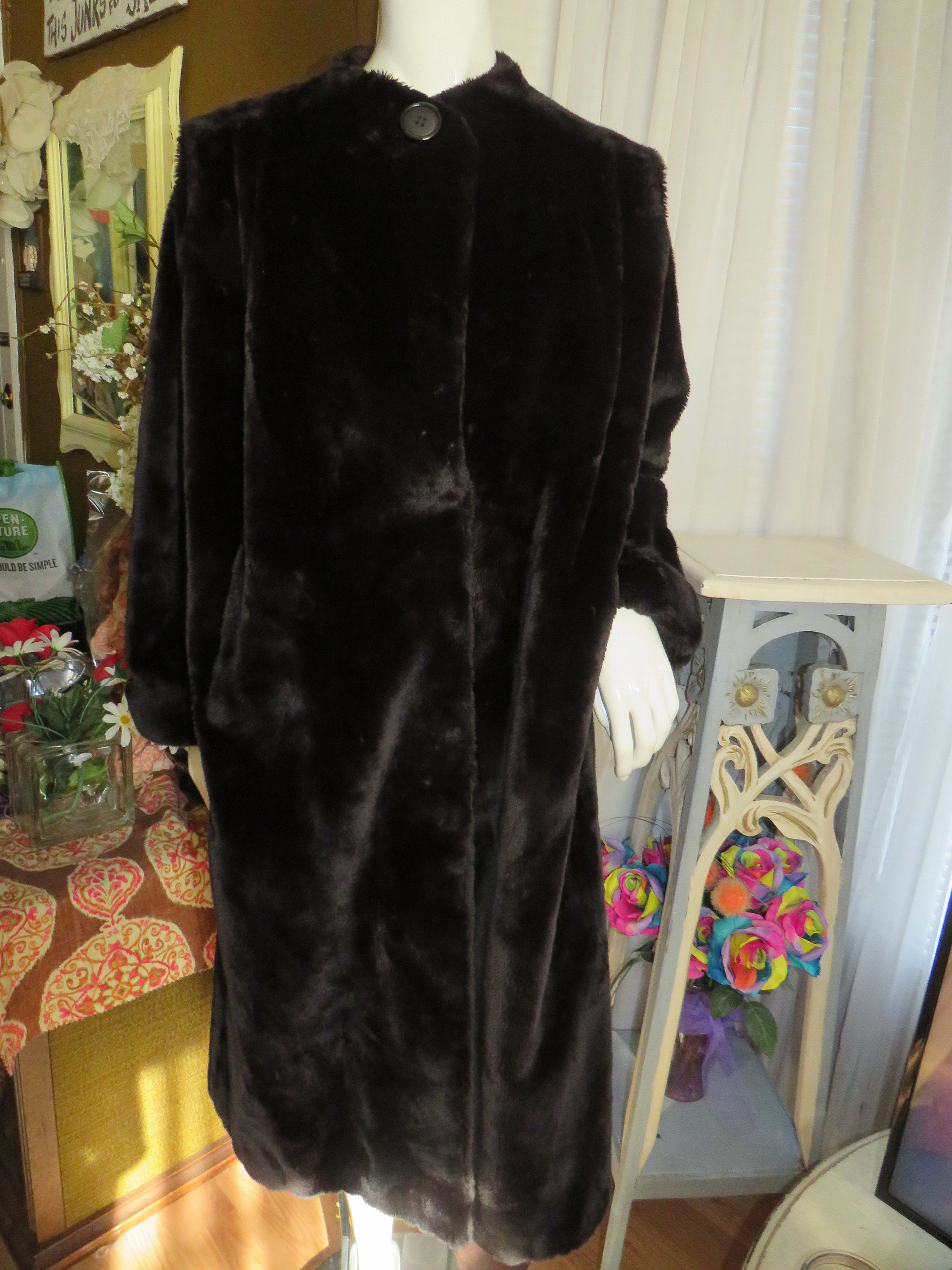 1950s'/1960s' Fluffy Black Faux FUR COAT by Tissavel/slc Paris