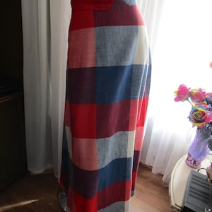 1970s&#39; Ladies Blue/Red/White Square Print Red APPLE Pocket/Waist SKIRT By Nancy B of California/No Size