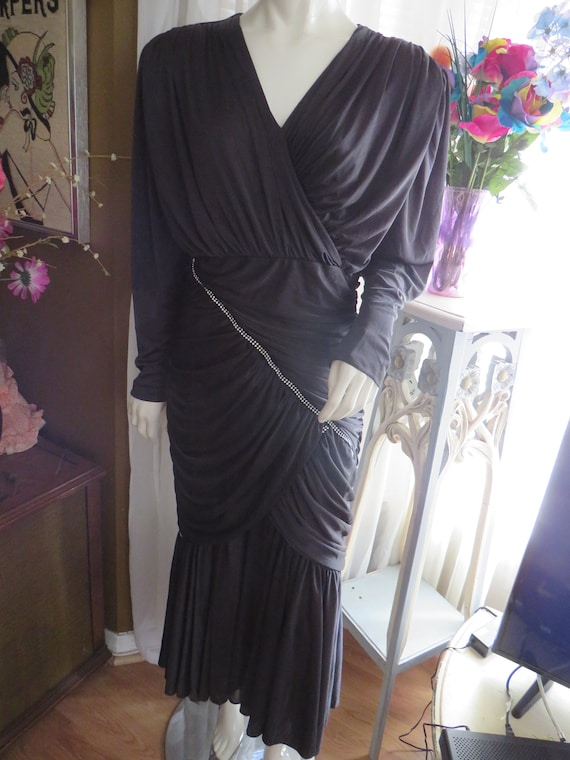 1980s BLACK GATHERED Cocktail DRESS By Claralura O