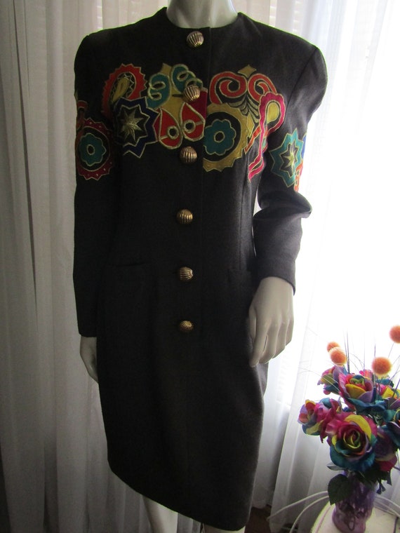 80's Ladies Long Sleeve Front Gold Buttons Gray Sh
