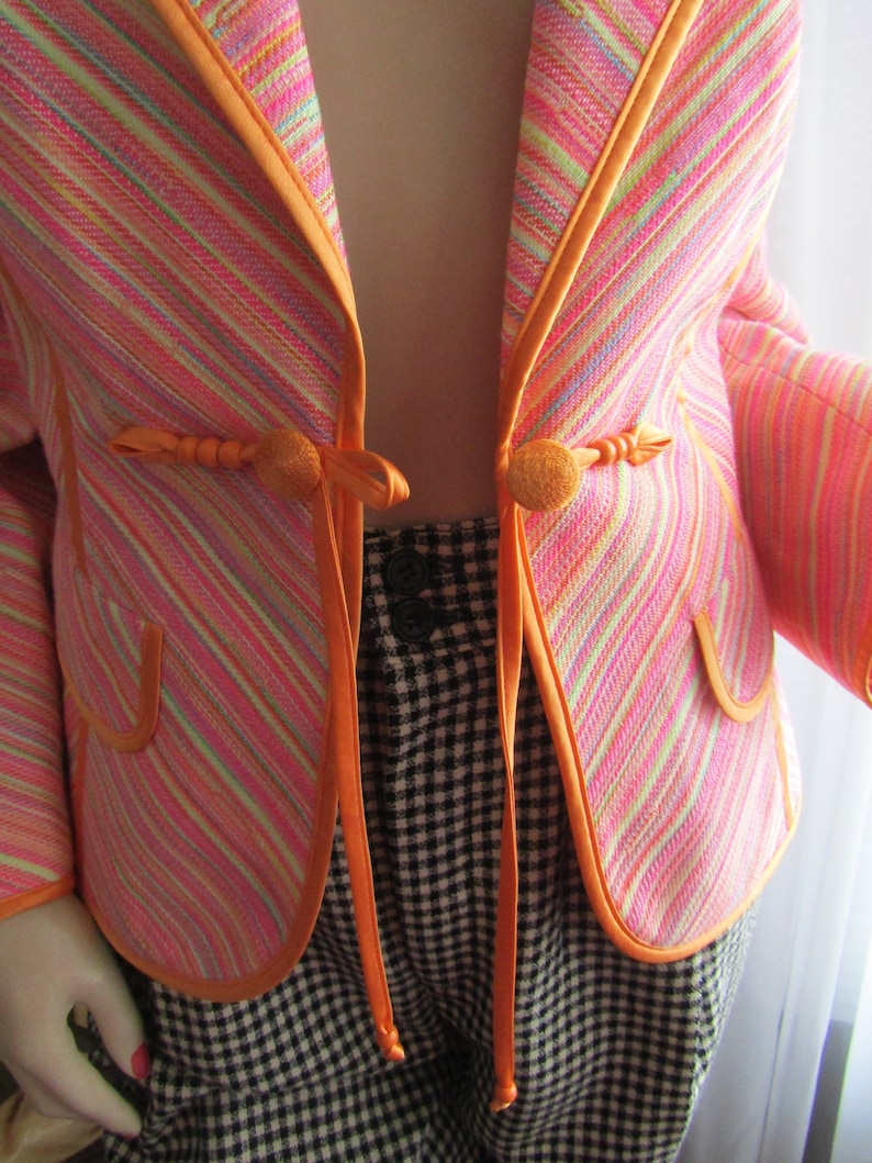 1990/'s Ladies Long Sleeve Orange Pink Green White Polyester STRIPED JACKET By Escada