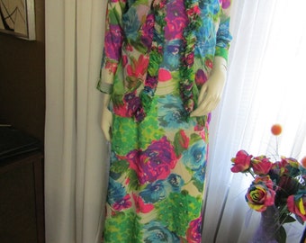 1960s' Ladies Sheer Bright Floral Sleeveless DRESS/JACKET Set By ALICE of California---No Size Tag