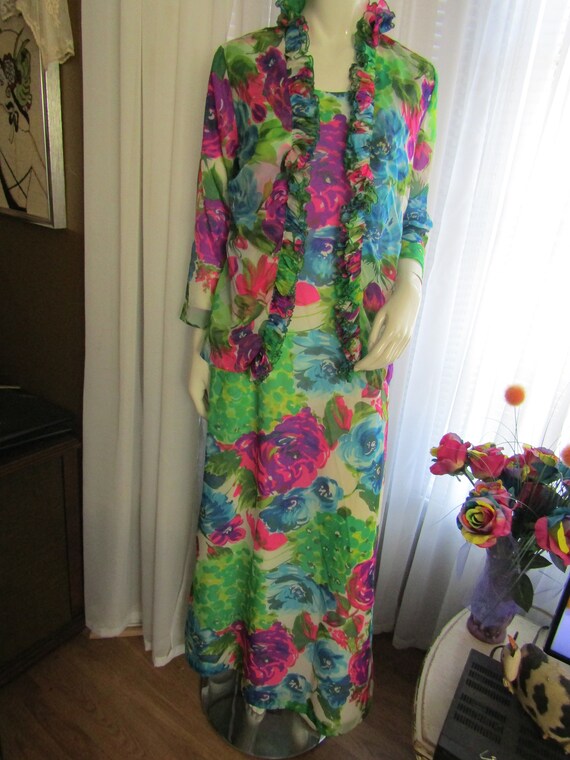 1960's Ladies Sheer Bright Floral Sleeveless DRESS