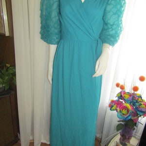 Vintage Turquoise Blue Big PUFF SLEEVE DRESS by Miss Elliette---No Size Tag