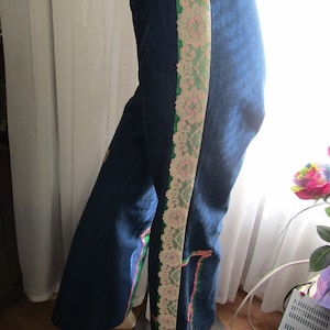 1970s&#39; Ladies Blue DENIM Lace Trimmed High Waist BELL BOTTOM Trousers By Petit Fors