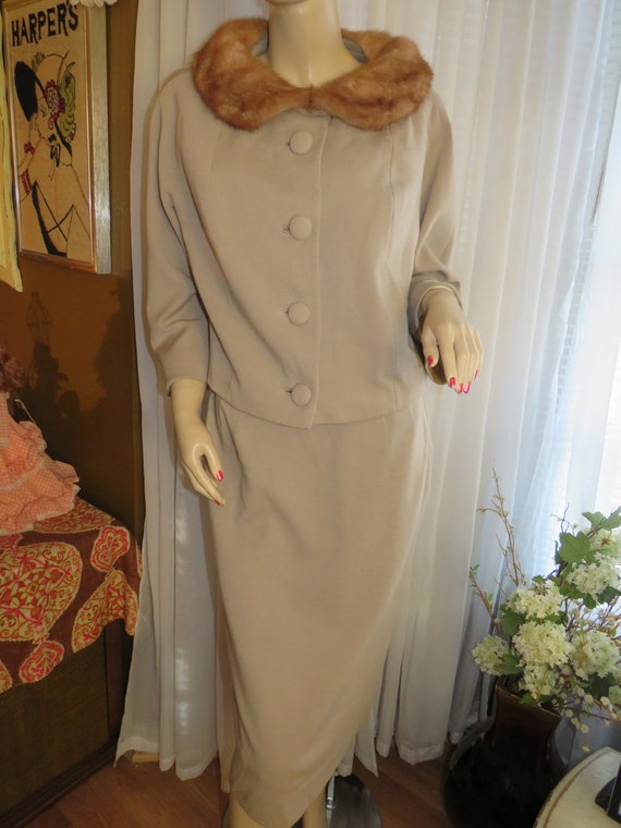 1960's TAN Light WOOLSUIT With Mink Collar By Bou… - image 1